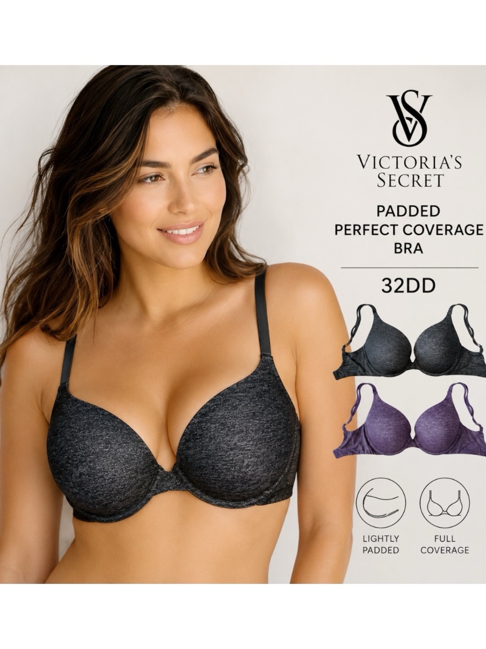 Victoria’s Secret Padded Perfect Coverage Bras 32DD Black & Purple Bundle of 2